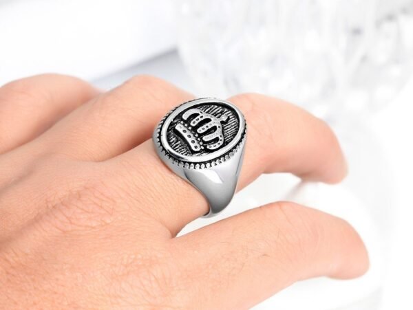 Silver Steel Royalty Crown Signet Ring - Image 4