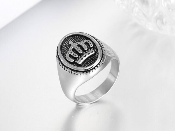 Silver Steel Royalty Crown Signet Ring - Image 3