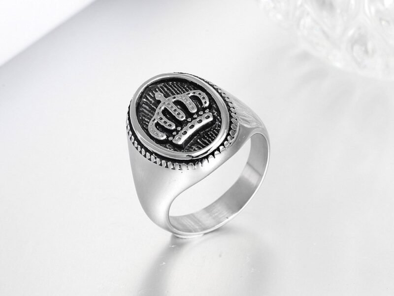 Silver Steel Royalty Crown Signet Ring - Image 3