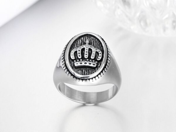Silver Steel Royalty Crown Signet Ring - Image 2