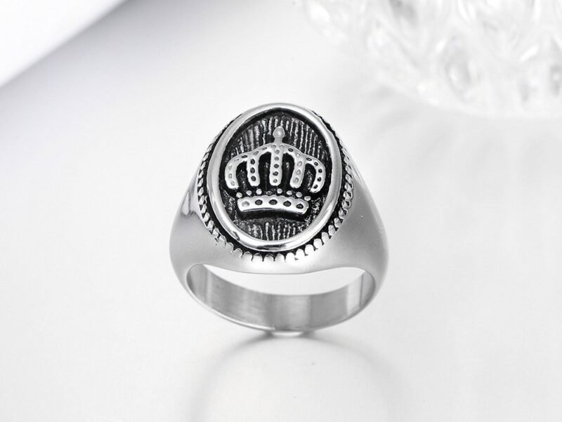 Silver Steel Royalty Crown Signet Ring - Image 2