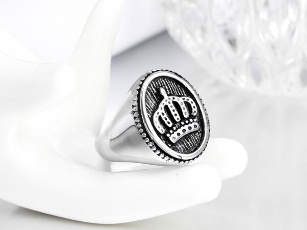 Silver Steel Royalty Crown Signet Ring - Image 6