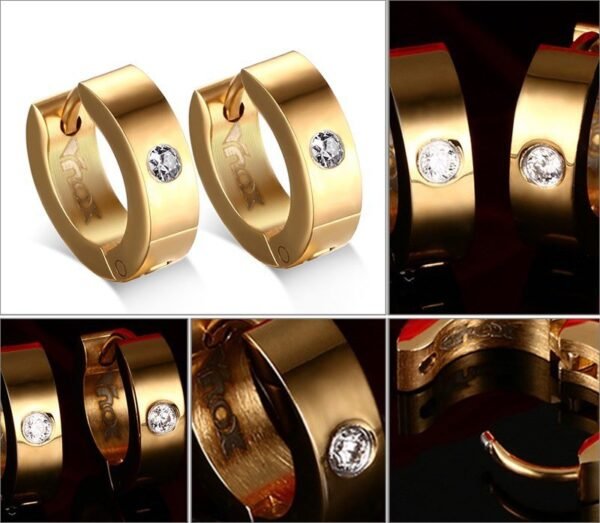 Gold Steel Single Diamond Hoop Earrings ME-004 - Image 3