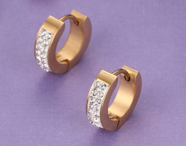 Gold Steel Lab 2 row Diamond Huggie Earrings ME-038 - Image 2