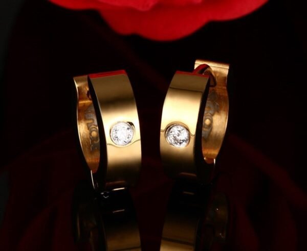 Gold Steel Single Diamond Hoop Earrings ME-004 - Image 2