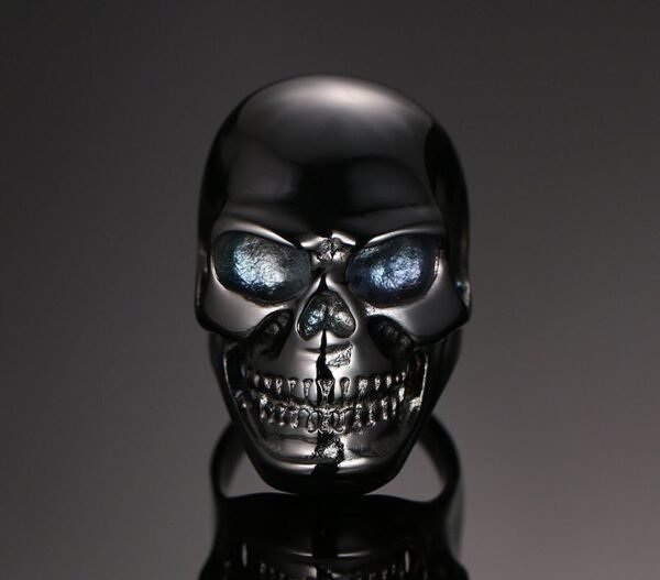 Classic Blue eyes Spooky Black Skull Ring - Image 2