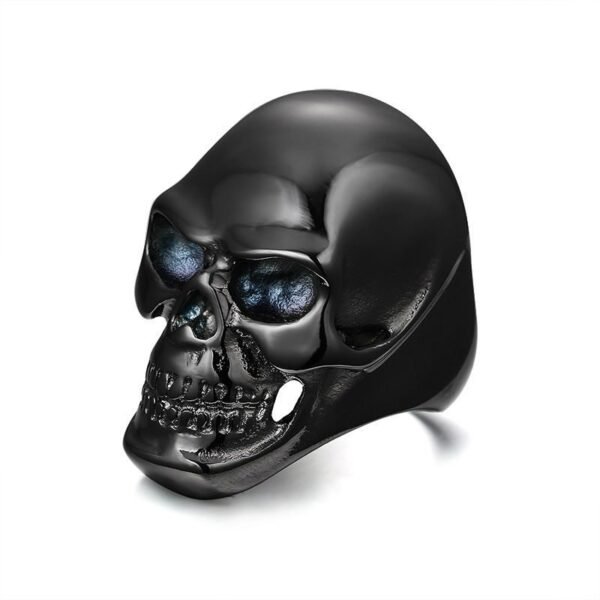 Classic Blue eyes Spooky Black Skull Ring