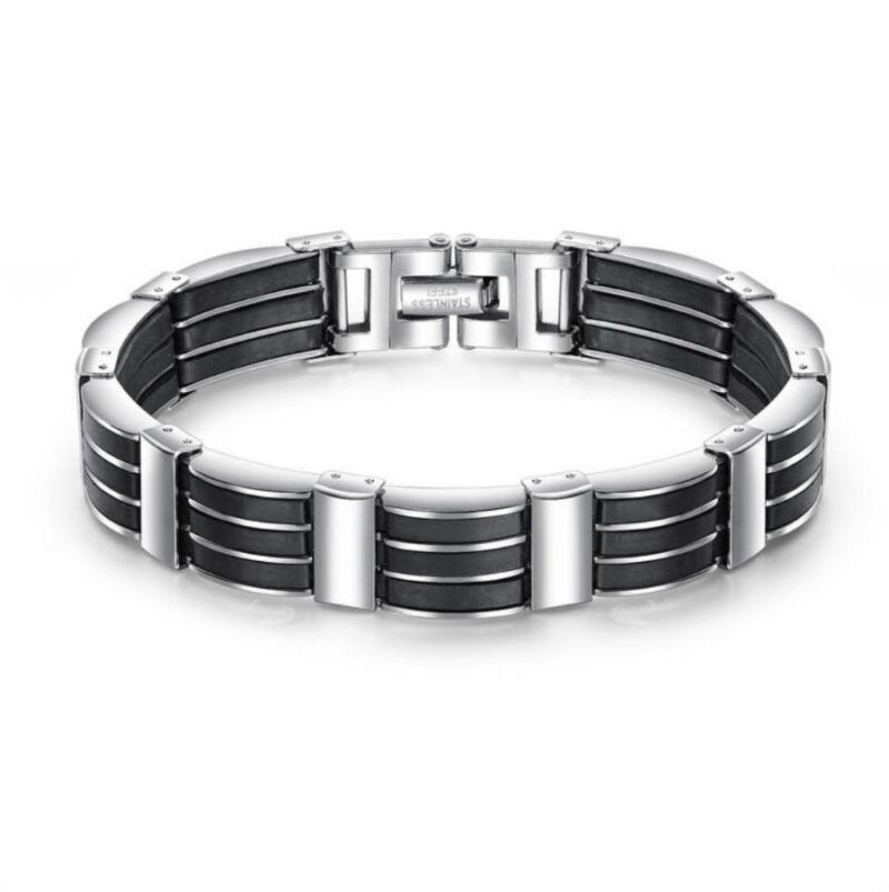 Retro Silver Black Silicone Link Bracelet