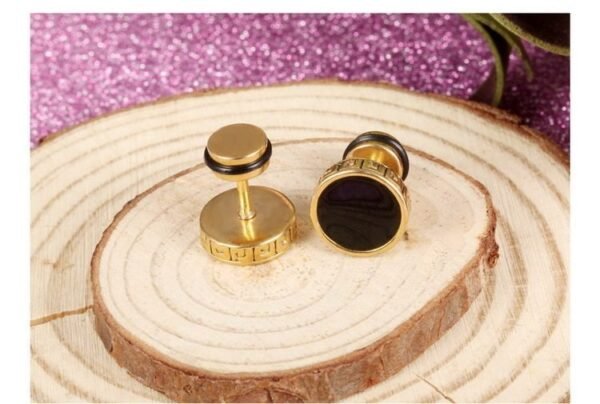 Gold Steel Black Onyx Screw Earring - Image 3