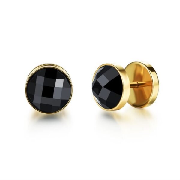 Gold Stainless Steel Black Stone Screw Earring ME-068