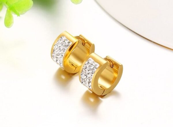Gold Stainless Steel Lab 3 Row Diamond Huggie Earrings ME-078 - Image 3