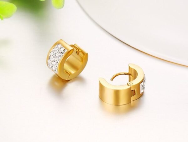 Gold Stainless Steel Lab 3 Row Diamond Huggie Earrings ME-078 - Image 4