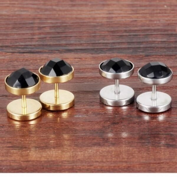Gold Stainless Steel Black Stone Screw Earring ME-068 - Image 3