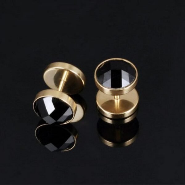 Gold Stainless Steel Black Stone Screw Earring ME-068 - Image 2