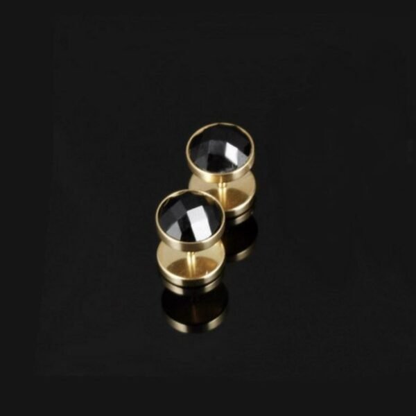 Gold Stainless Steel Black Stone Screw Earring ME-068 - Image 4