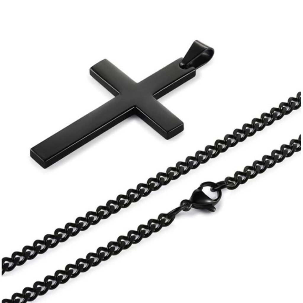 All Plain Black Cross Pendant with Cuban Chain - Image 6