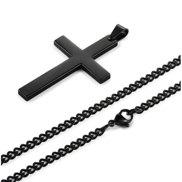 All Plain Black Cross Pendant with Cuban Chain - Image 6