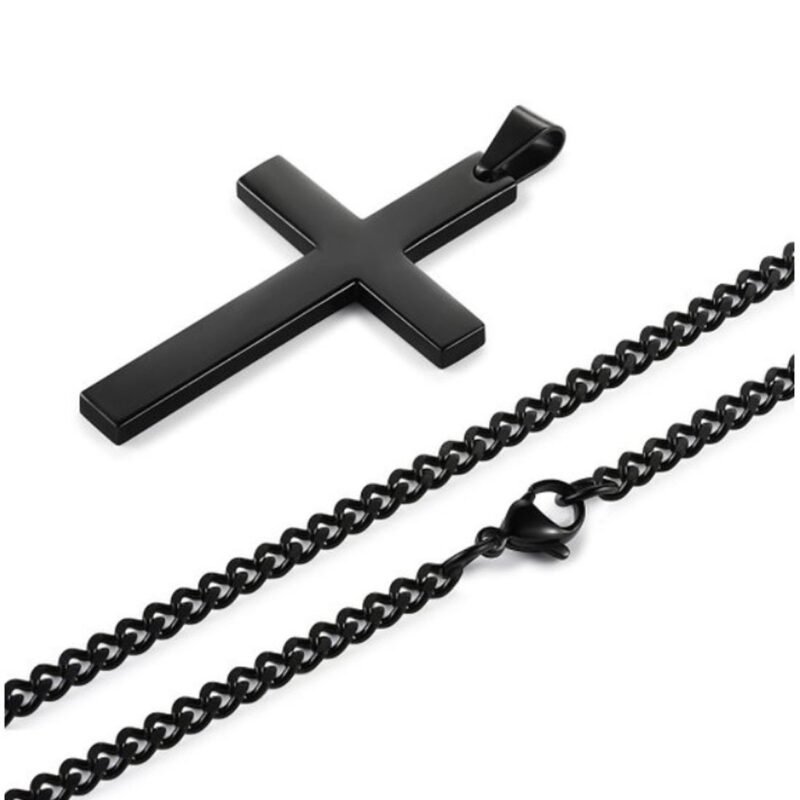 All Plain Black Cross Pendant with Cuban Chain - Image 6