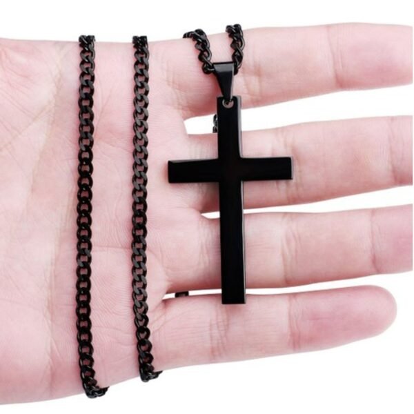 All Plain Black Cross Pendant with Cuban Chain - Image 3