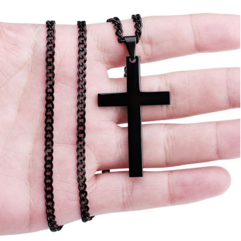 All Plain Black Cross Pendant with Cuban Chain - Image 3