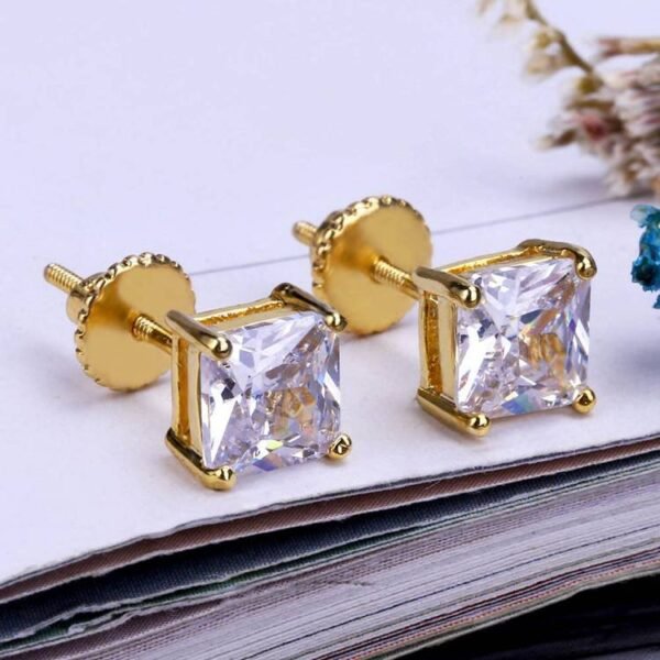 Gold Finish Princess Cut Diamond Stud Earring - Image 2