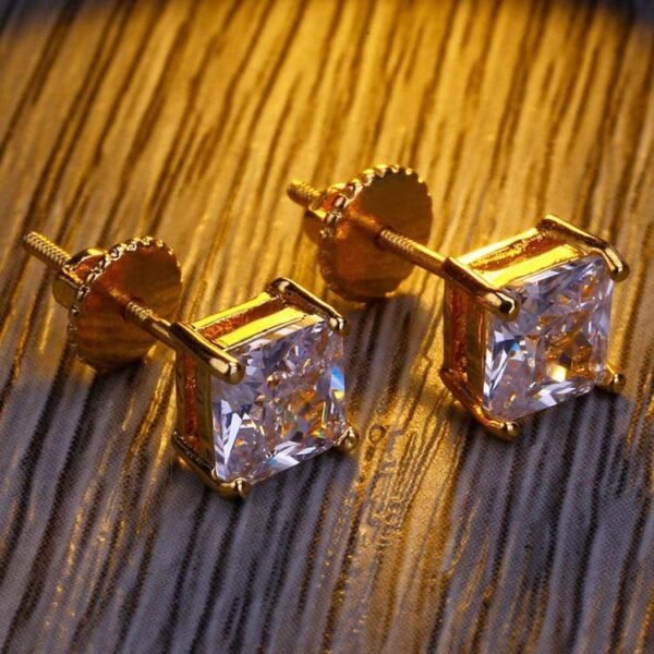 Gold Finish Princess Cut Diamond Stud Earring - Image 4