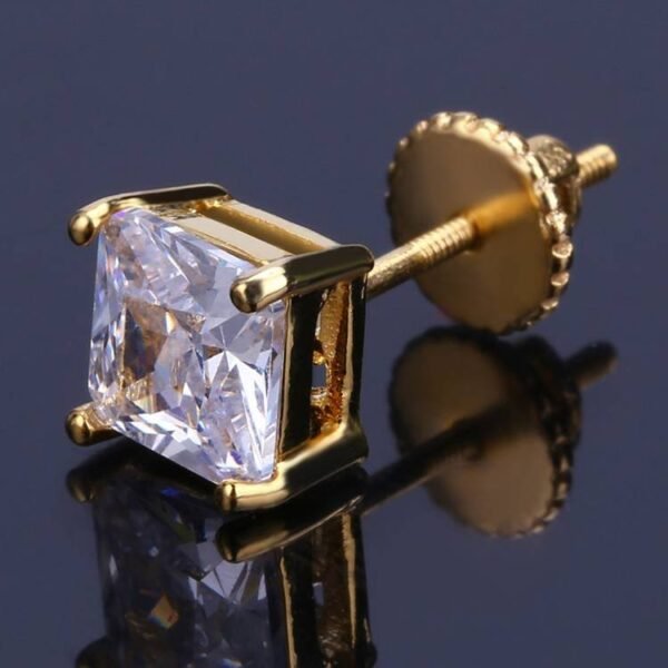 Gold Finish Princess Cut Diamond Stud Earring - Image 3