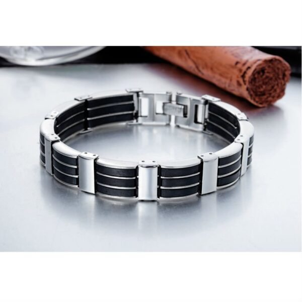 Retro Silver Black Silicone Link Bracelet - Image 4