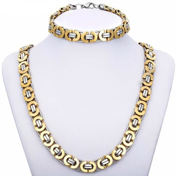 Gold/White Stainless Byzantine Necklace & Bracelet Combo