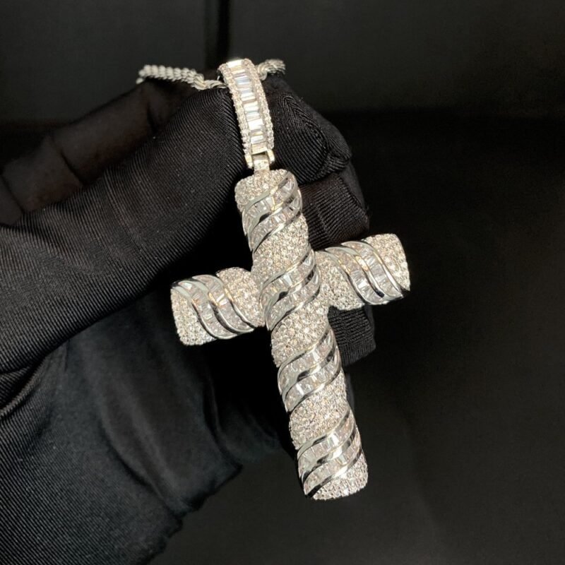 Iced Out Baguette Carved Cross Necklace