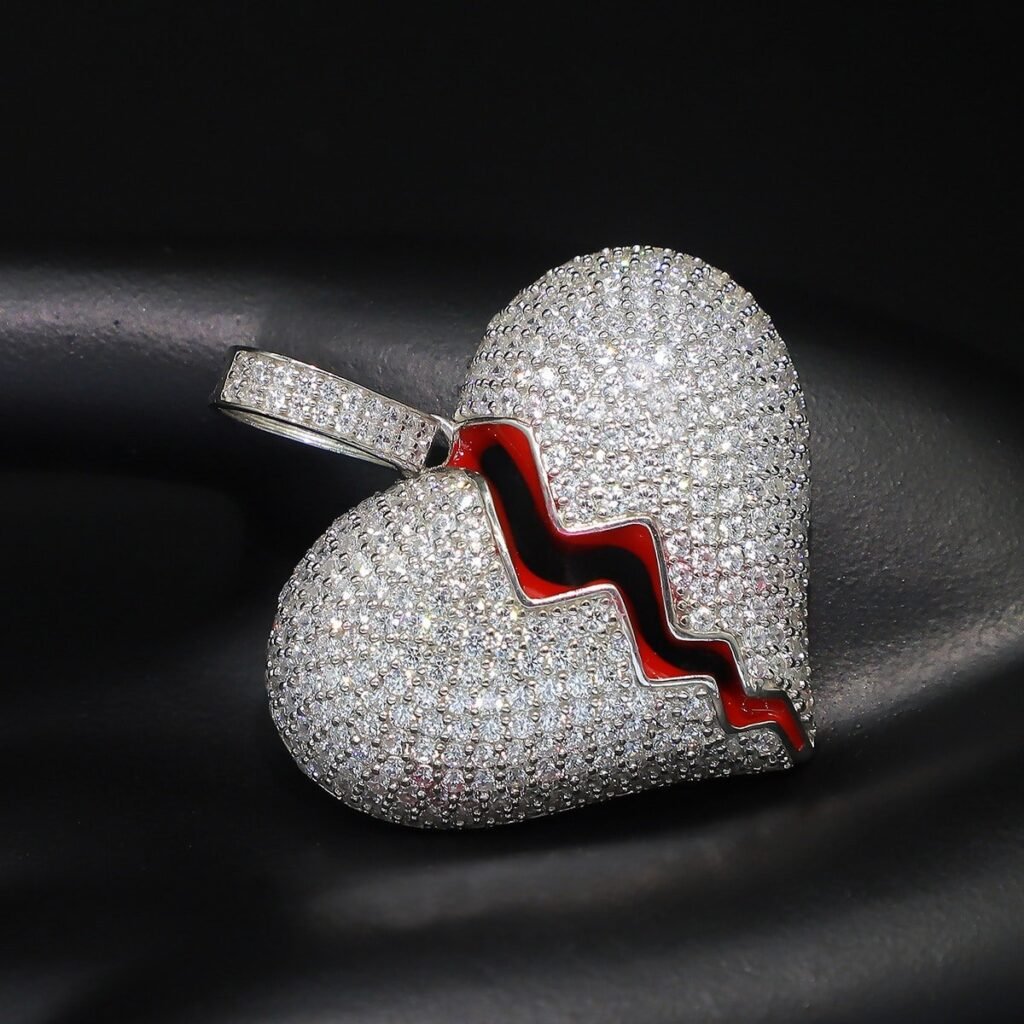 925 Sterling Silver Iced Out Heart Break Pendant - Image 9