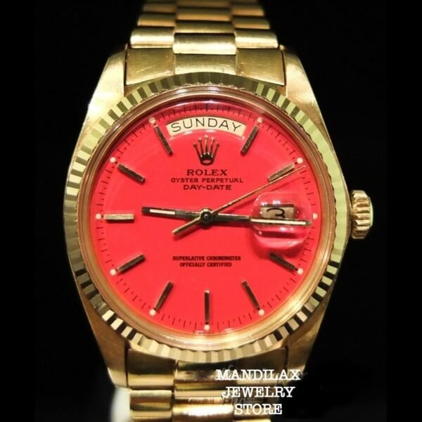 Gold 1970's Rollie Day-Date Presidential Red "Stella" Dial Watch - Image 3