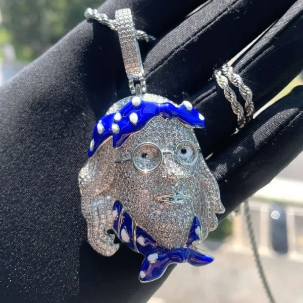 Iced out Benjamin Franklin Enamel Silver Necklace