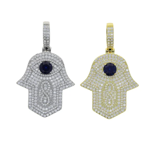 Iced out Blue Sapphire Stone Hamsa Silver Necklace - Image 2