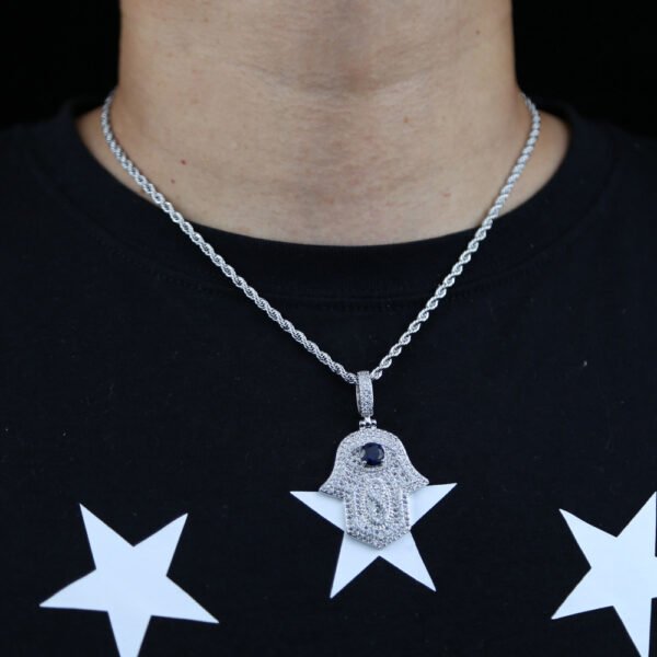 Iced out Blue Sapphire Stone Hamsa Silver Necklace - Image 3
