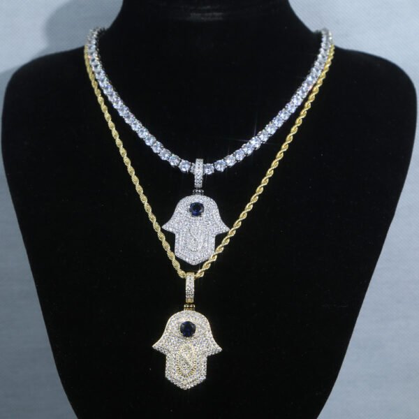 Iced out Blue Sapphire Stone Hamsa Silver Necklace - Image 4