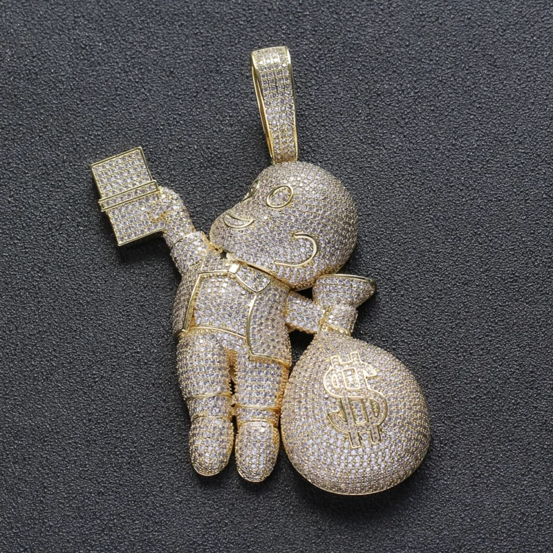 Iced Out Fly Money Bag Grabber Gold Necklace