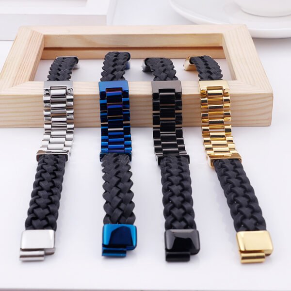 Gold Link Black Leather Bracelet - Image 4