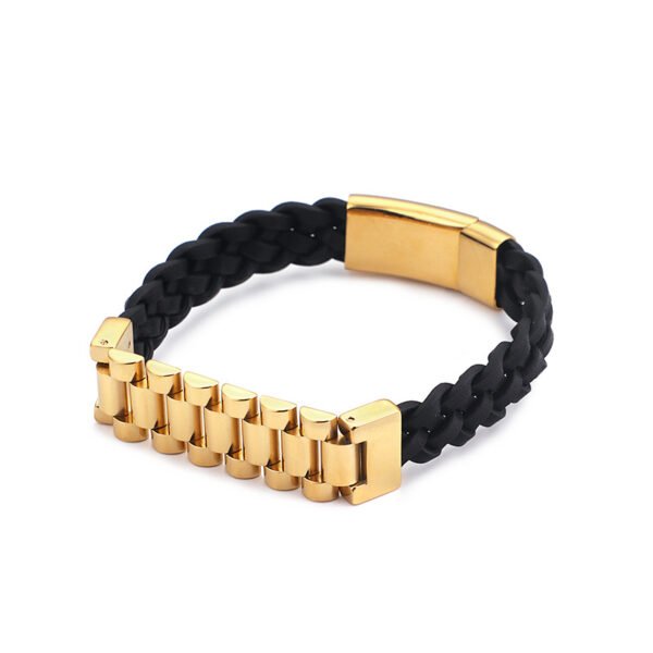 Gold Link Black Leather Bracelet - Image 5