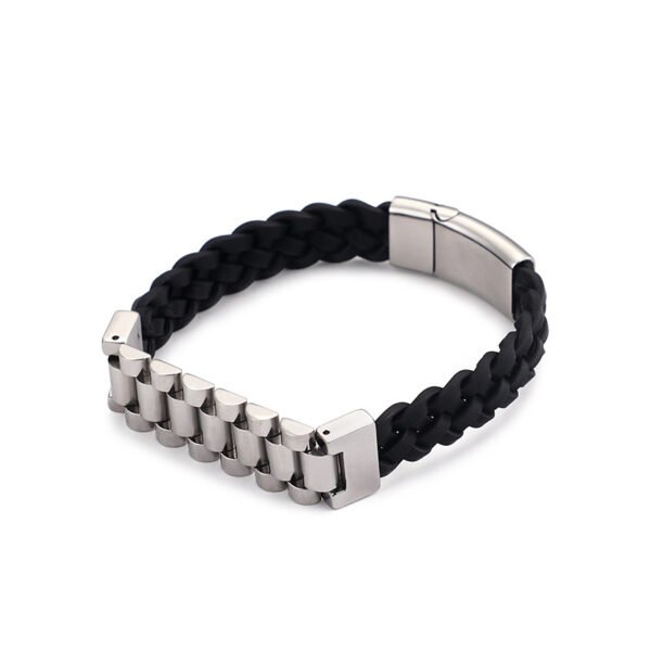 Gold Link Black Leather Bracelet - Image 3