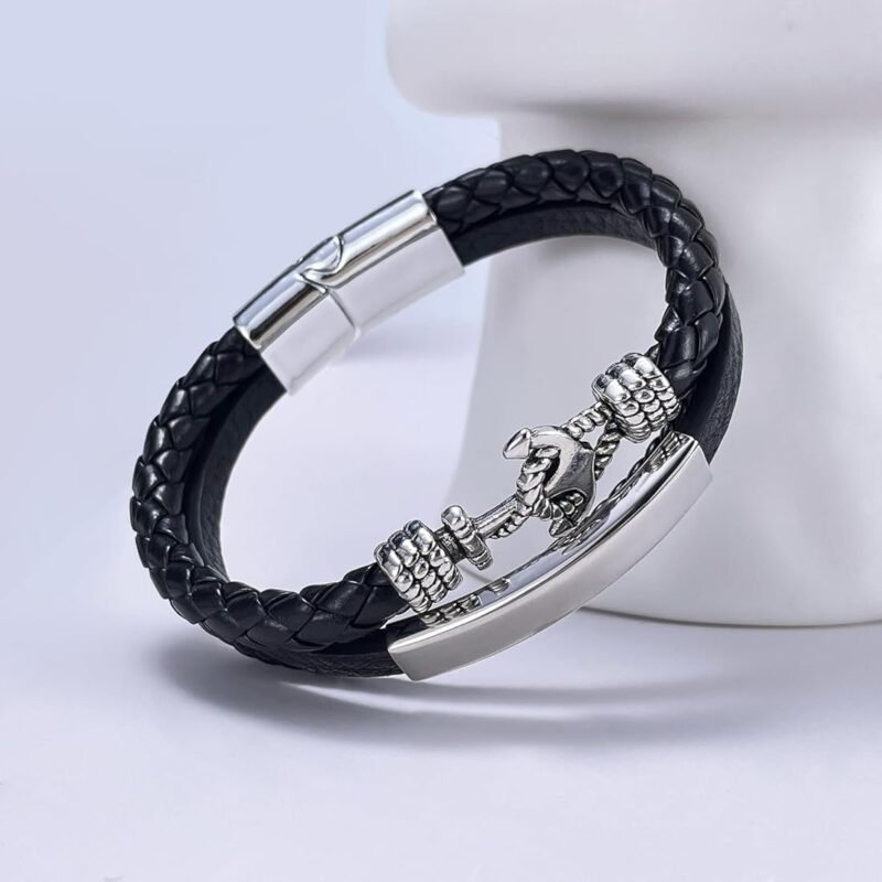 Black Anchor Leather Bracelet - Image 4