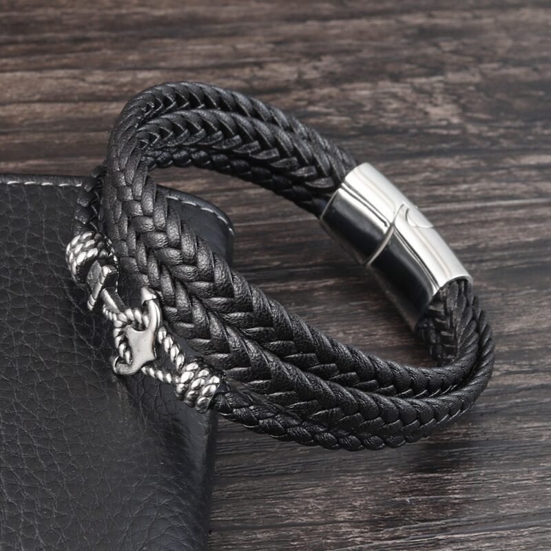 Black Anchor Hook braided Leather Bracelet - Image 3