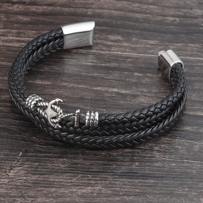 Black Anchor Hook braided Leather Bracelet - Image 4