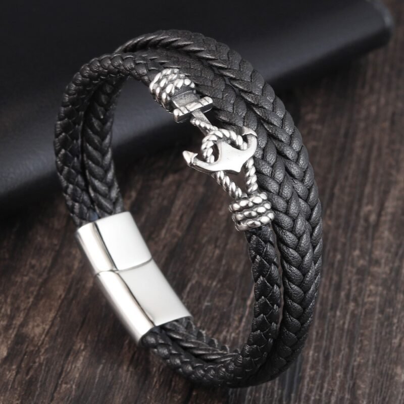 Black Anchor Hook braided Leather Bracelet
