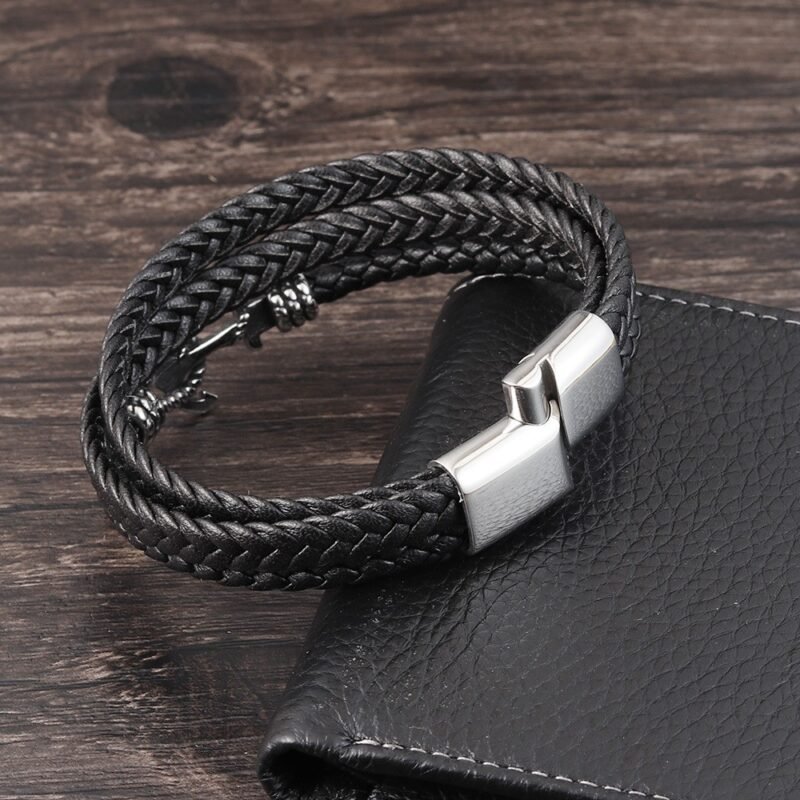 Black Anchor Hook braided Leather Bracelet - Image 2