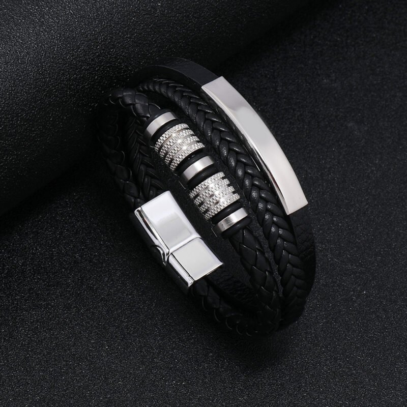 Men’s Multi-Layer Black Braided Steel Leather Bracelet - Image 3