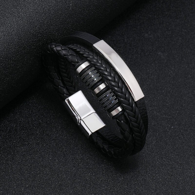 Men’s Multi-Layer Black Braided Steel Leather Bracelet - Image 2