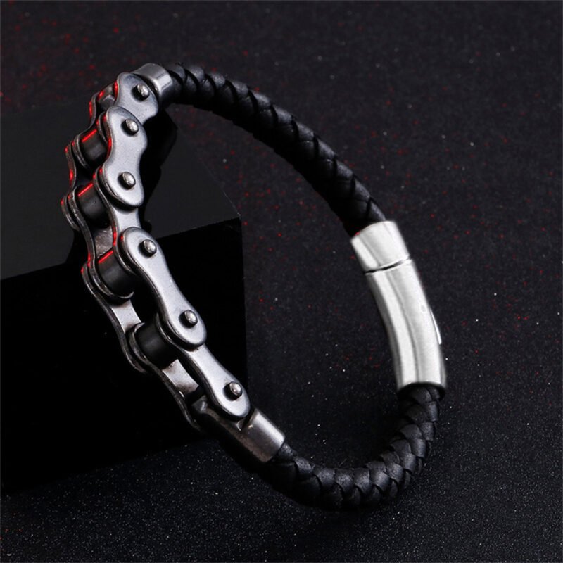 Black Biker Chain Leather Bracelet - Image 4