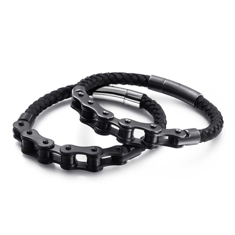 Black Biker Chain Leather Bracelet - Image 5