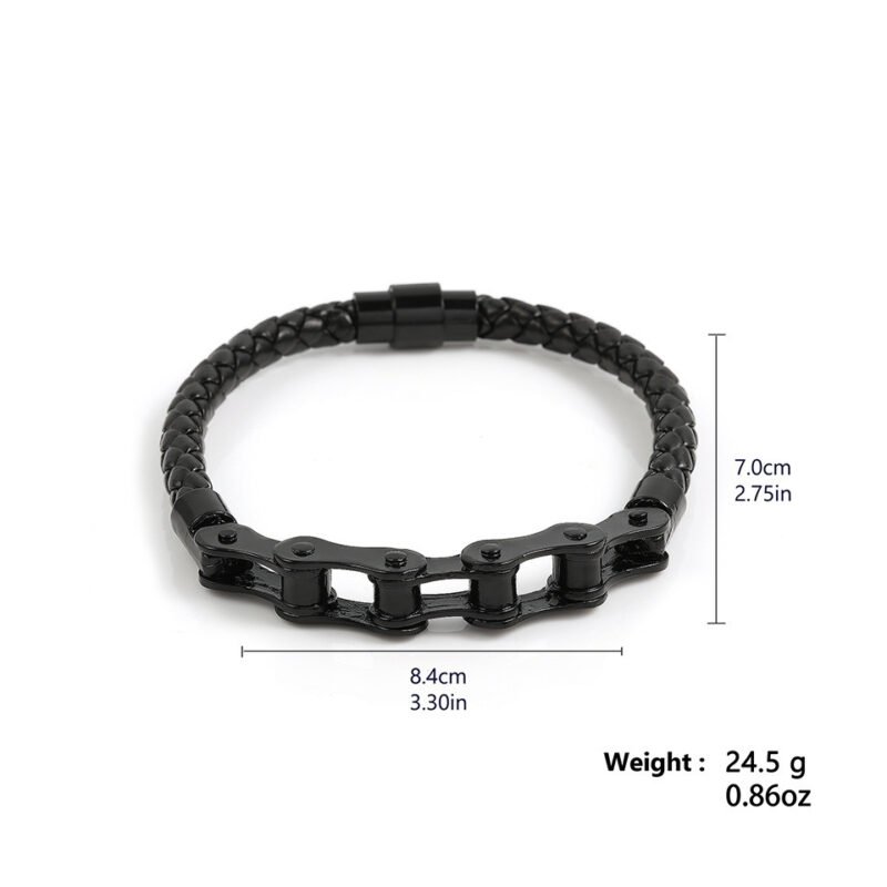 Black Biker Chain Leather Bracelet - Image 2